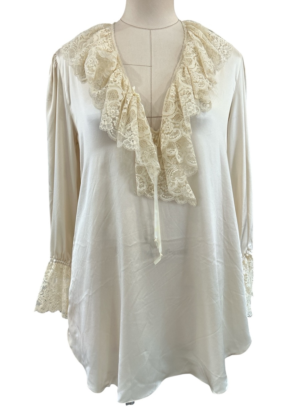 I Magnin 100% silk Victorian lace long sleeve tunic cream small